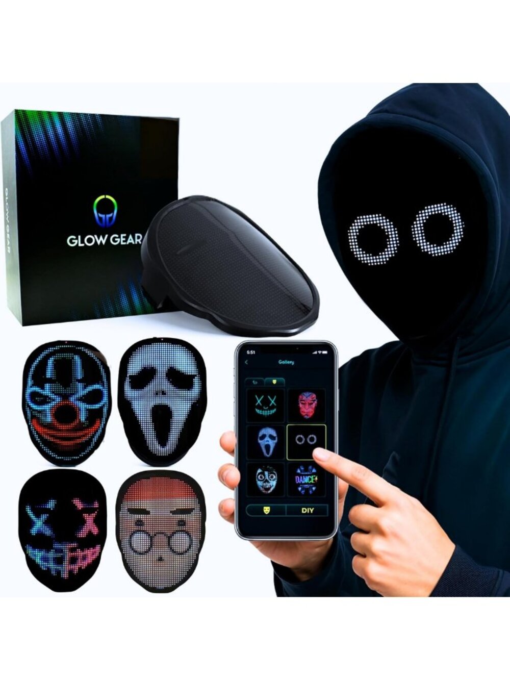 LED Face Transforming Mask - App-Controlled, 115+ Animated Faces, Rave